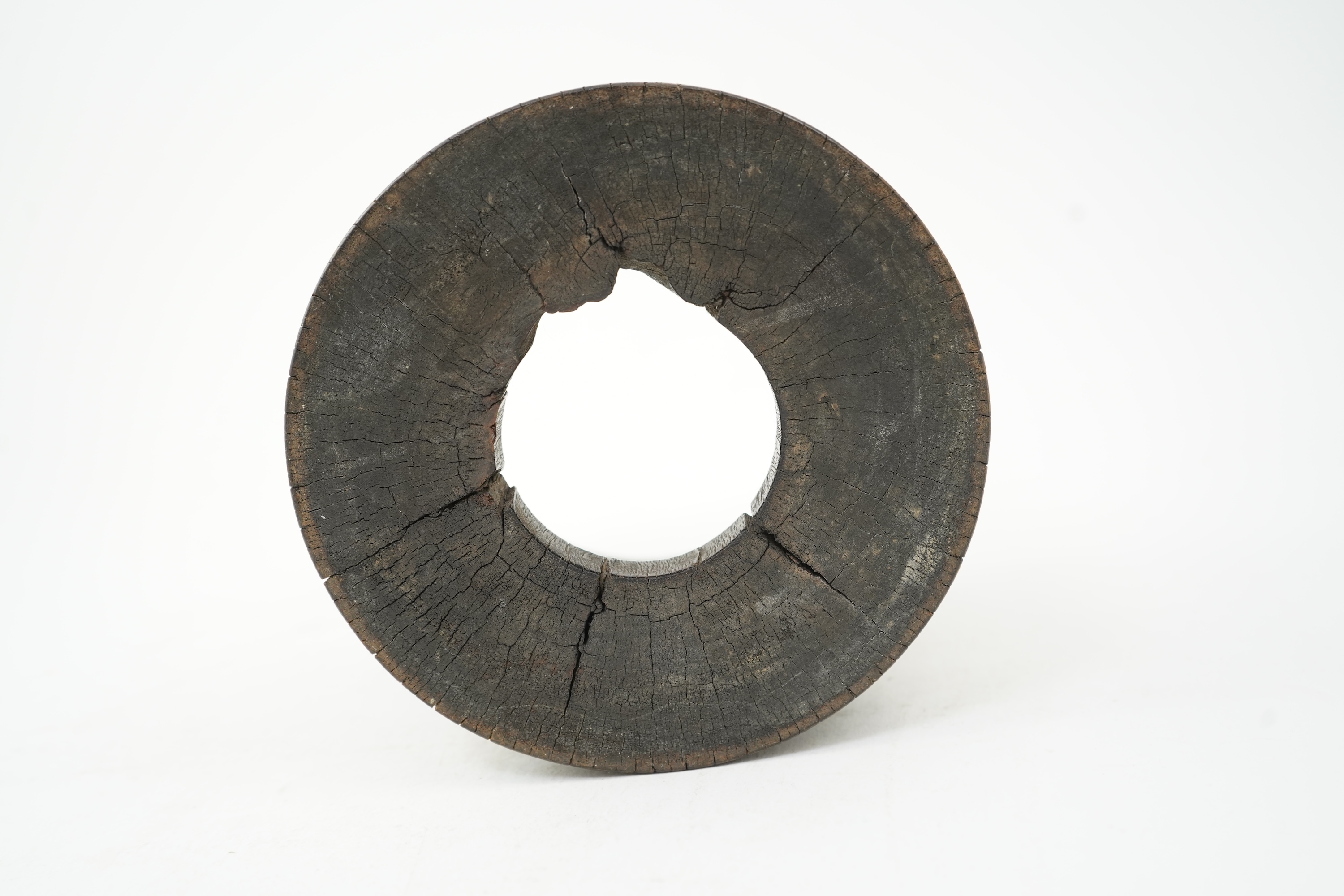 A Chinese soapstone and mother-of-pearl inlaid hardwood brushpot, possibly zitan